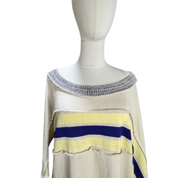 Free People Cooper Striped Knit Top Ivory Yellow Blue Oversized Slouchy Top SZ:L - Picture 3 of 12